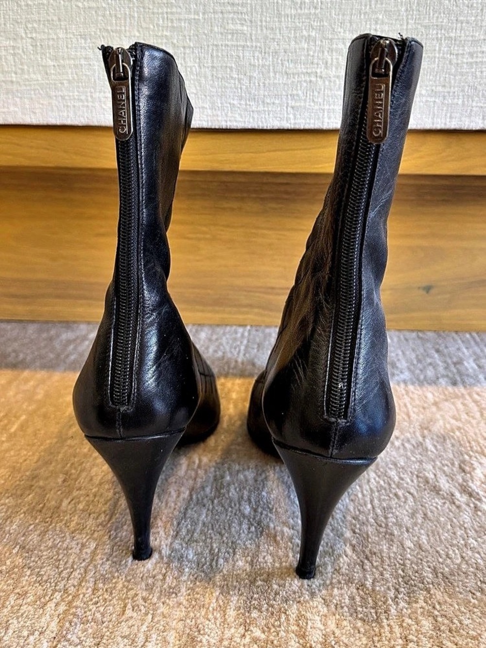 Chanel Black Quilted Leather Pointed-Toe Heeled Boots with Silver Chain Detail - Picture 9 of 16